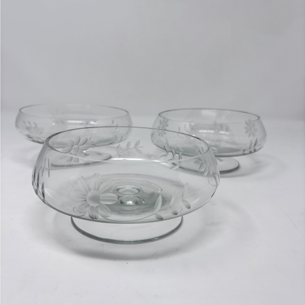 Etched Glass Dessert Bowls with Floral Motif - Set of 3